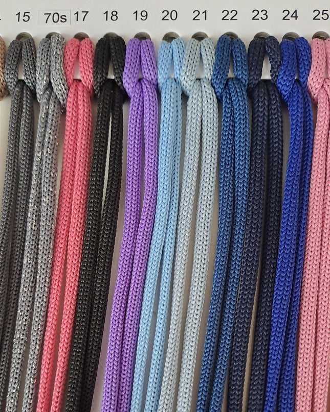 "Color chart of polyester cords for macramé and crochet, showing 13 shades labeled from 14 to 26, including beige, grey, pink, black, lavender, blue, navy, and red.