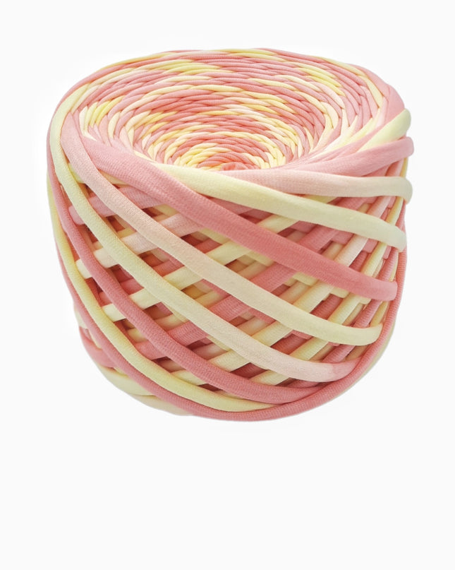 Orange and yellow hand dyed T-shirt yarn. Knitted bag yarn