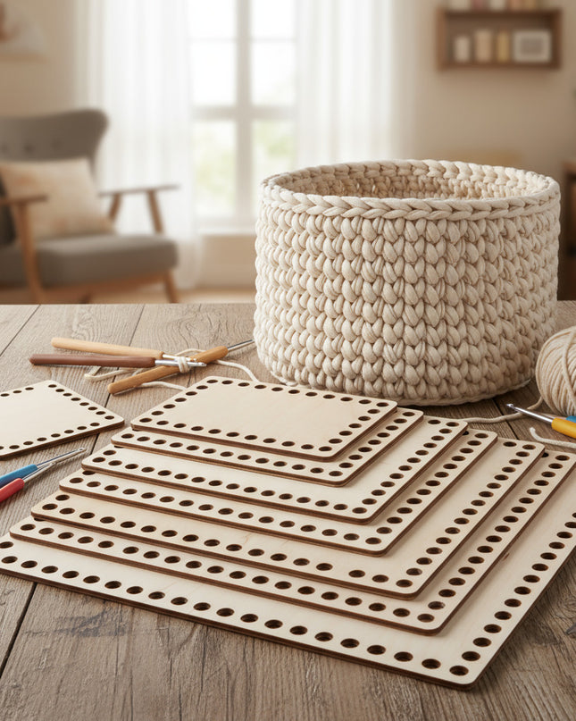 Wooden pegboards with holes on a wooden table, surrounded by tools and a woven basket.