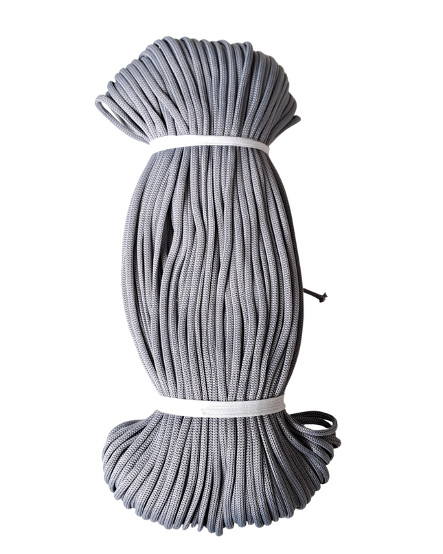 Gray rope coiled on a white background