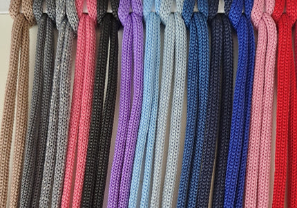 "Color chart of polyester cords for macramé and crochet, showing 13 shades labeled from 14 to 26, including beige, grey, pink, black, lavender, blue, navy, and red.