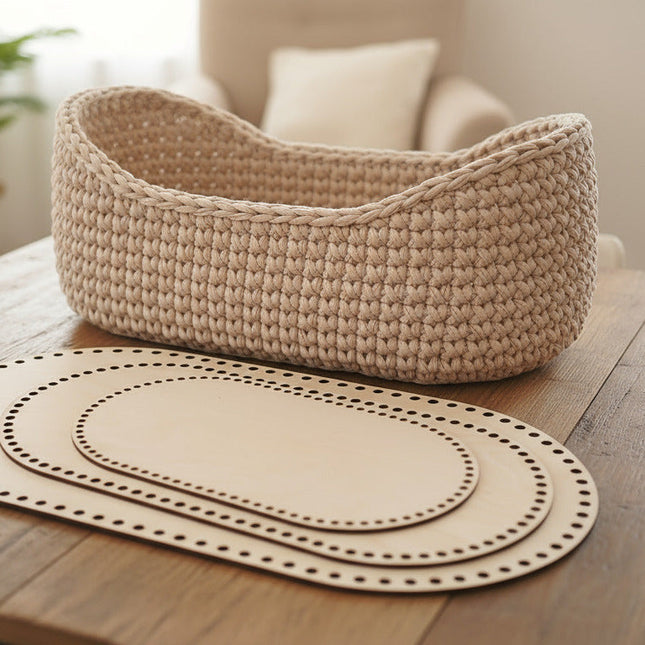 Woven basket and placemats on a wooden table with a blurred background