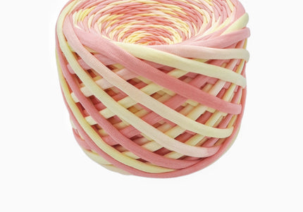 Orange and yellow hand dyed T-shirt yarn. Knitted bag yarn