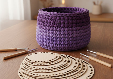 Purple woven basket on a wooden table with crochet hooks and circular wooden templates.