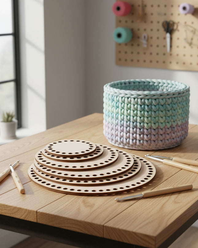 Woven basket and circular wooden tools on a wooden table with a pegboard in the background.